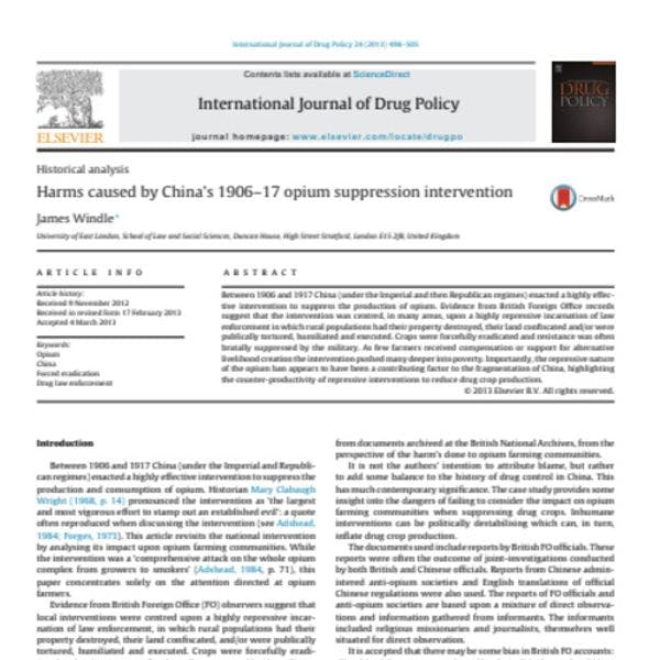 Harms caused by China's 1906–17 opium suppression intervention