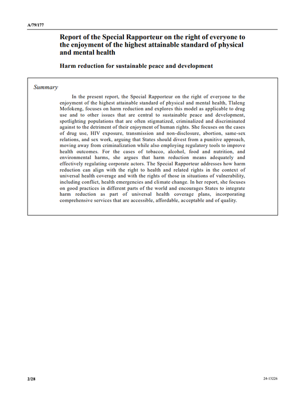 Réduction des risques pour la paix et le développement durables - Rapport de la Rapporteuse spéciale de l'ONU sur le droit à la santé