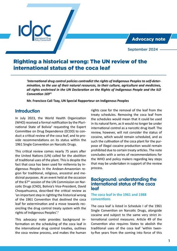 Corrigiendo una injusticia histórica: La evaluación del estatus internacional de la hoja de coca por parte de la ONU