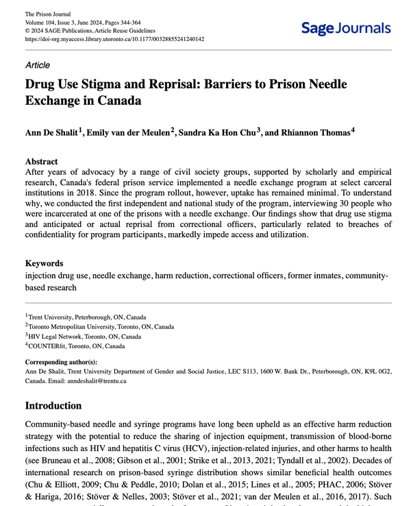 Drug use stigma and reprisal: Barriers to prison needle exchange in Canada