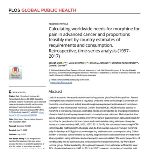 Calculating worldwide needs for morphine for pain in advanced cancer and proportions feasibly met by country estimates of requirements and consumption