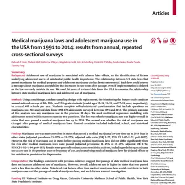 Medical marijuana laws and adolescent marijuana use in the USA from 1991 to 2014: results from annual, repeated cross-sectional surveys