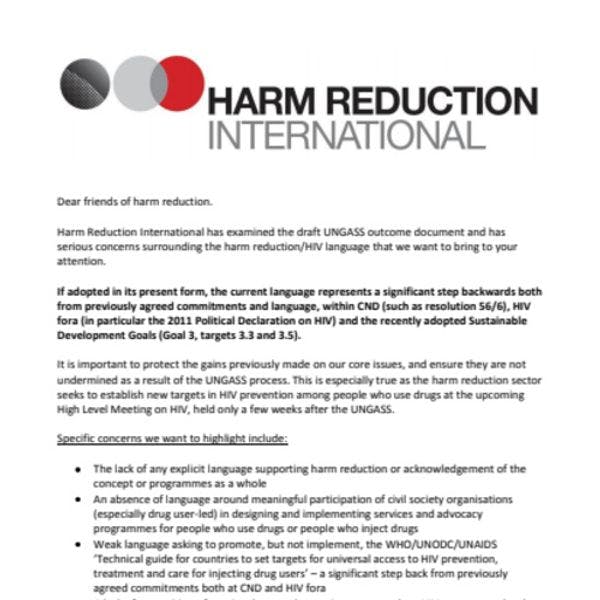 Harm Reduction International tiene serias preocupaciones con el proyecto de documento final de la UNGASS