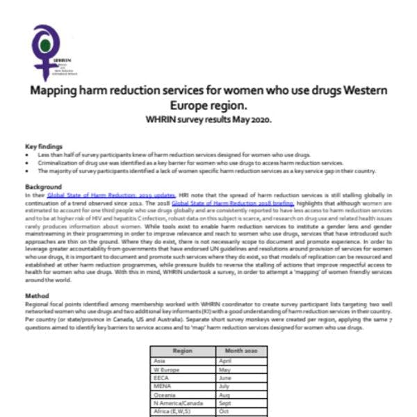 Mapeo de servicios de reducción de daños dirigidos a mujeres que consumen drogas: región de Europa Occidental