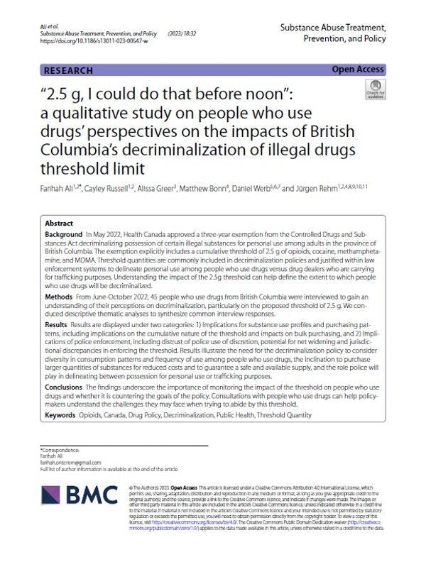 "2,5g, podría hacerlo antes del mediodía": Un estudio cualitativo sobre las perspectivas de las personas usuarias de drogas acerca de las repercusiones de la despenalización del límite máximo de consumo de drogas ilegales en la Columbia Británica.