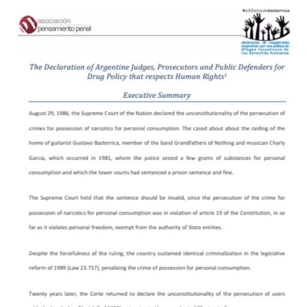 Declaration of Argentine judges, prosecutors and	 public defenders for drug policy that respects human rights