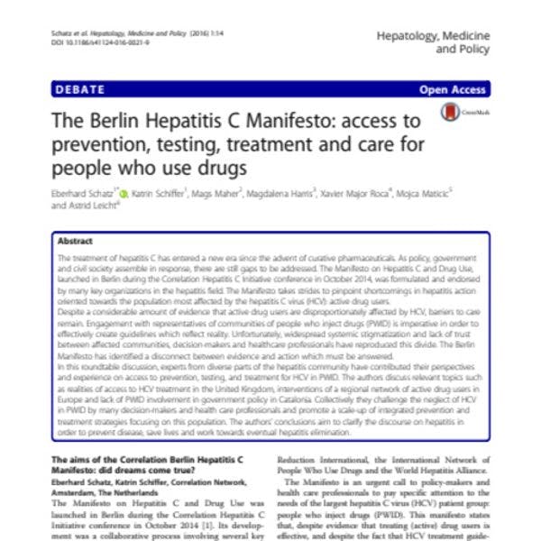 Le Manifeste de Berlin sur l’hépatite C : Accès à la prévention, au dépistage, au traitement et aux soins pour les personnes qui utilisent des drogues