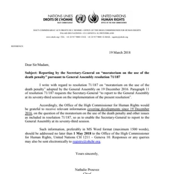 Reporting by the Secretary-General on “moratorium on the use of the death penalty” pursuant to General Assembly resolution 71/187