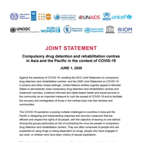 Declaración conjunta de la ONU: Centros de detención y rehabilitación obligatoria para drogas en Asia y el Pacífico en el contexto del COVID-19