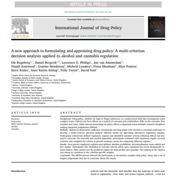 A new approach to formulating and appraising drug policy: A multi-criterion decision analysis applied to alcohol and cannabis regulation