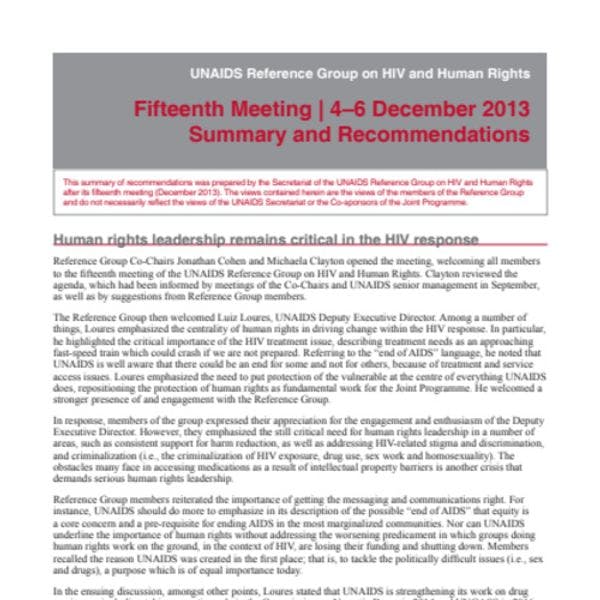Summary and recommendations from the 15th meeting of UNAIDS Reference Group on HIV and Human Rights