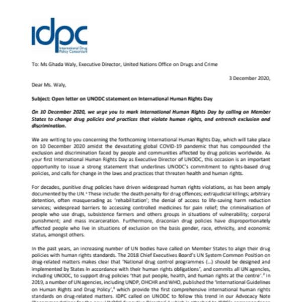 Más de 100 ONG suscriben carta dirigida a la Sra. Ghada Waly, invocando una contundente declaración de la UNODC sobre el Día Internacional de los Derechos Humanos