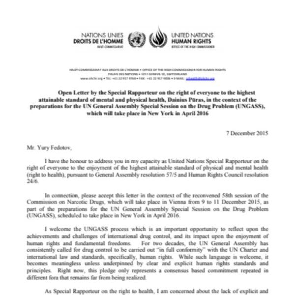 UNGASS: Carta del Relator Especial sobre el derecho a la salud de las Naciones Unidas