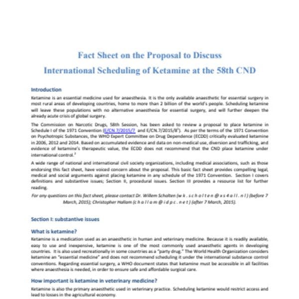 Fact Sheet on the proposal to discuss international scheduling of ketamine at the 58th CND