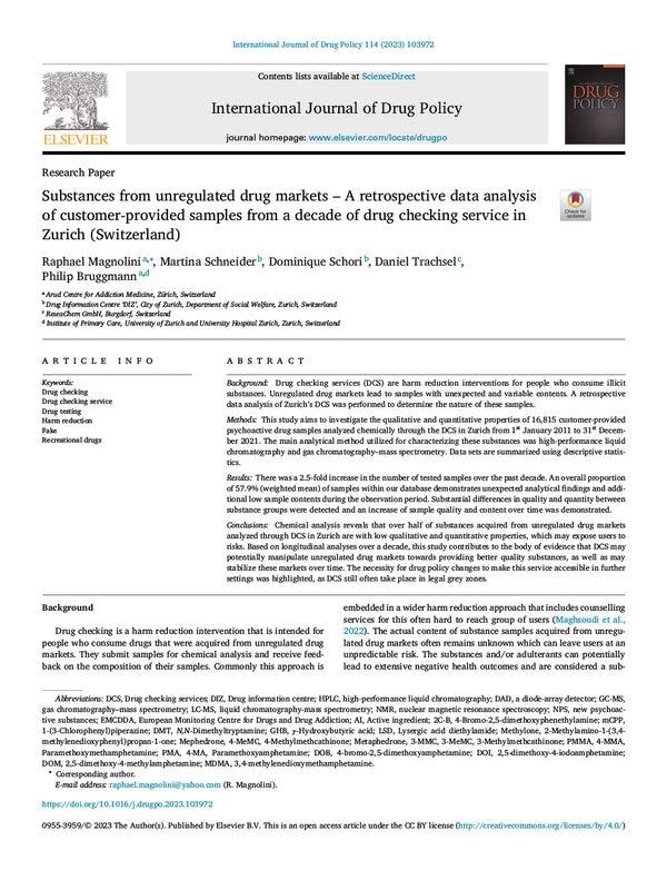 Substances from unregulated drug markets - A retrospective data analysis of customer-provided samples from a decade of drug checking service in Zurich (Switzerland)