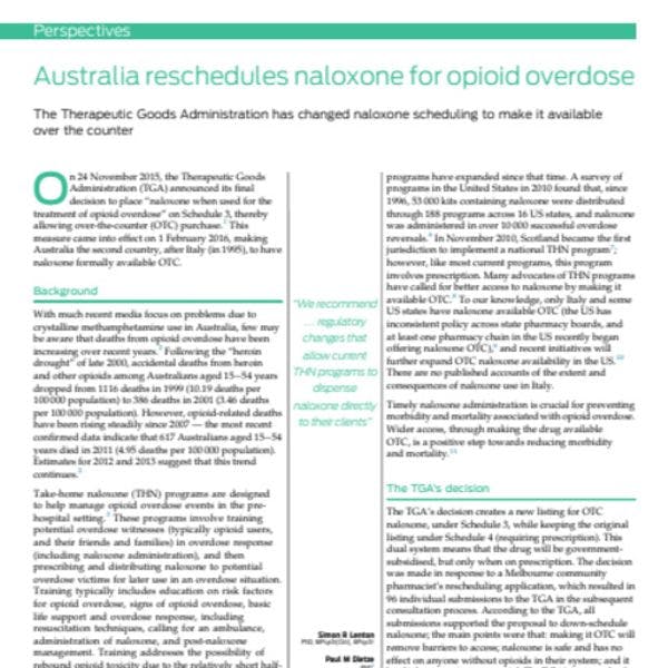L’Australie re-classifie la naloxone pour parer aux overdoses liées aux opioïdes  