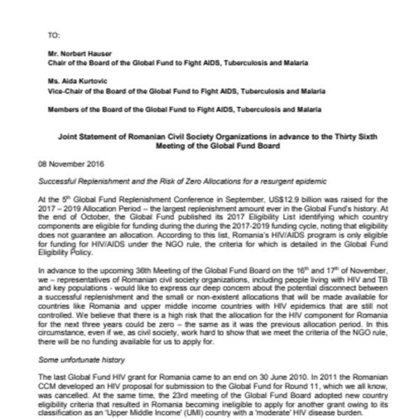 Déclaration commune des Organisations roumaines de la société civile avant la Trente-sixième Réunion du Conseil du Fonds Mondial