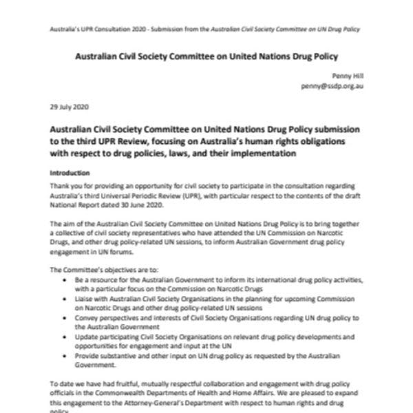Australian Civil Society Committee on United Nations Drug Policy submission to the third UPR Review, focusing on Australia’s human rights obligations with respect to drug policies, laws, and their implementation