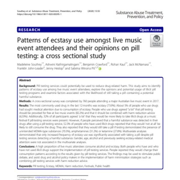 Patrones de consumo de éxtasis entre asistentes de eventos musicales en vivo y sus opiniones sobre análisis de pastillas: un estudio transversal