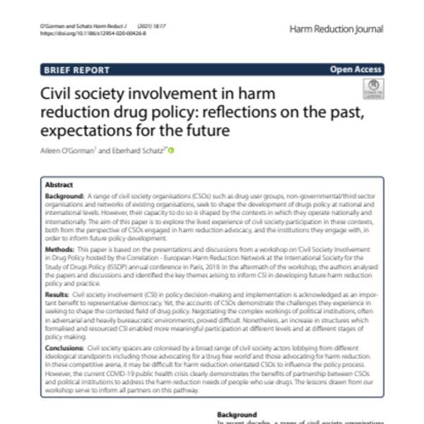 Civil society involvement in harm reduction drug policy: Reflections on the past, expectations for the future