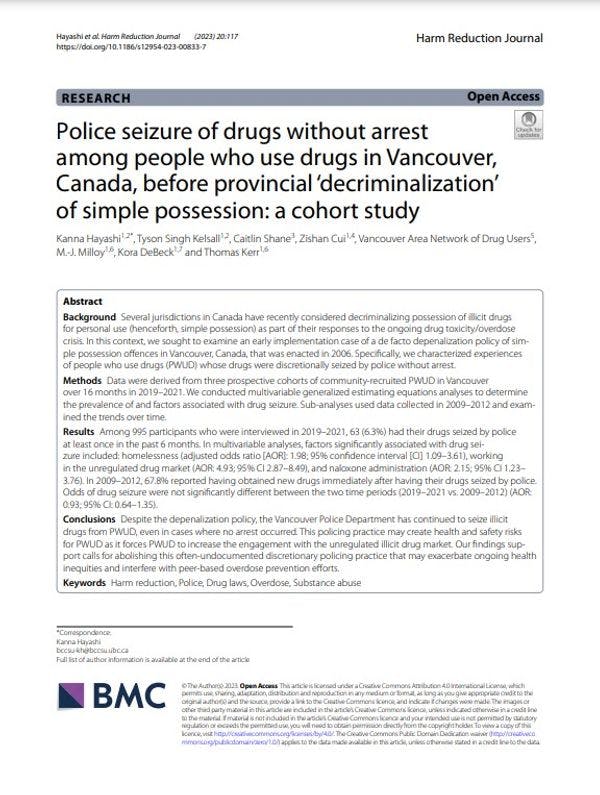 Police seizure of drugs without arrest among people who use drugs in Vancouver, Canada, before provincial ‘decriminalization’ of simple possession: a cohort study