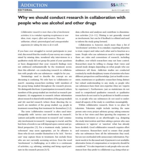 Why we should conduct research in collaboration with people who use alcohol and other drugs