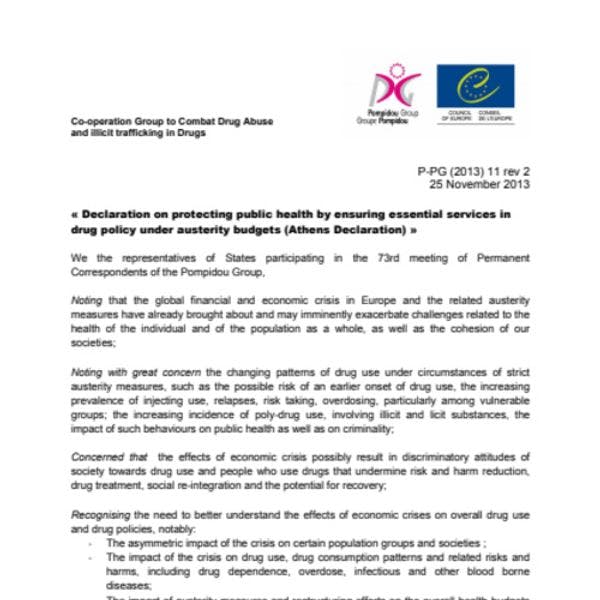 « Declaration on protecting public health by ensuring essential services in drug policy under austerity budgets (Athens Declaration) »