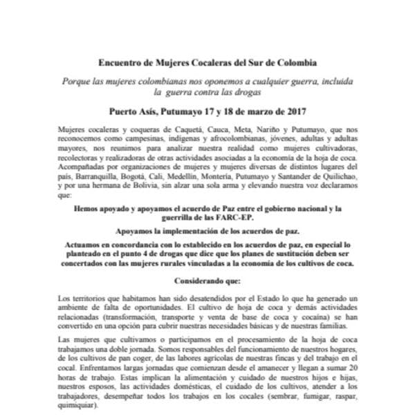 Declaración final del Encuentro de Mujeres Cocaleras del Sur de Colombia