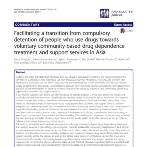 Facilitating a transition from compulsory detention of people who use drugs towards voluntary community-based drug dependence treatment and support services in Asia