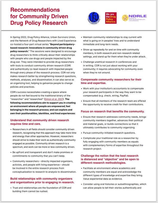 Recommendations for community driven drug policy research 