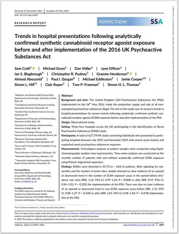 Trends in hospital presentations following analytically confirmed synthetic cannabinoid receptor agonist exposure before and after implementation of the 2016 UK Psychoactive Substances Act