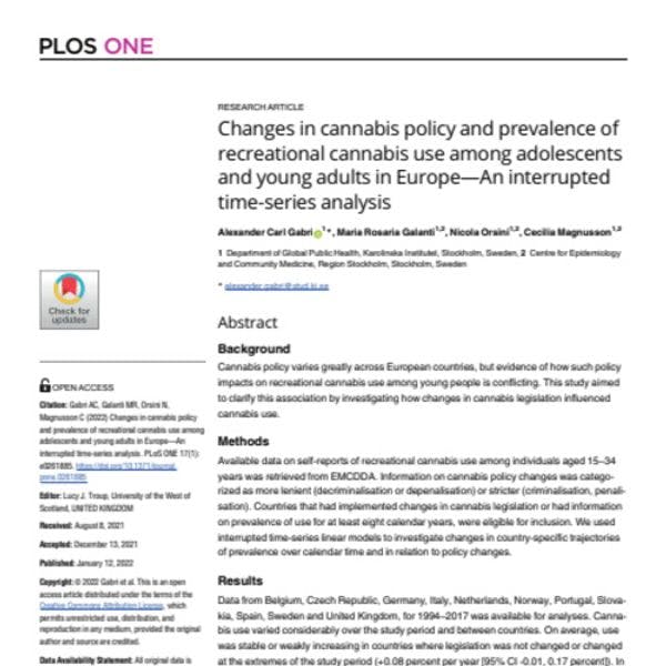 Changes in cannabis policy and prevalence of recreational cannabis use among adolescents and young adults in Europe—An interrupted time-series analysis