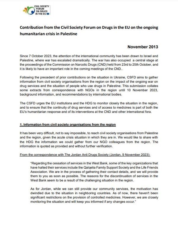 Contribution from the Civil Society Forum on Drugs in the EU on the ongoing humanitarian crisis in Palestine