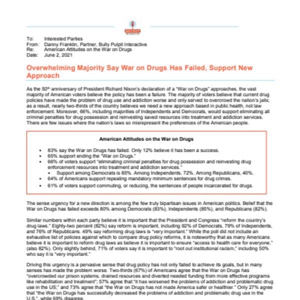 United States: On 50th anniversary of “war on drugs,” new poll shows majority of voters support ending criminal penalties for drug possession, think drug war is a failure