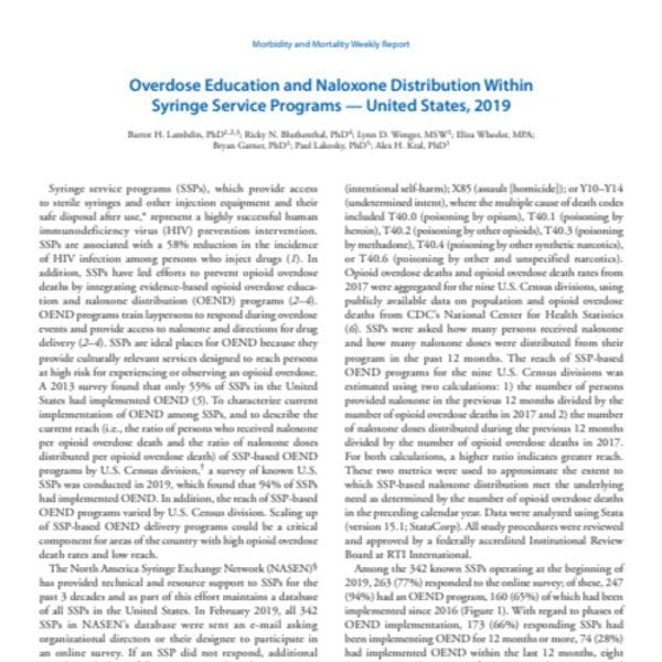 Educación acerca de sobredosis y distribución de naloxona dentro de programas de distribución de jeringas — Estados Unidos, 2019