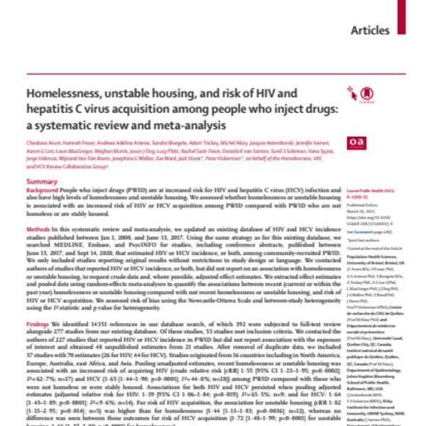 Homelessness, unstable housing, and risk of HIV and hepatitis C virus acquisition among people who inject drugs: A systematic review and meta-analysis