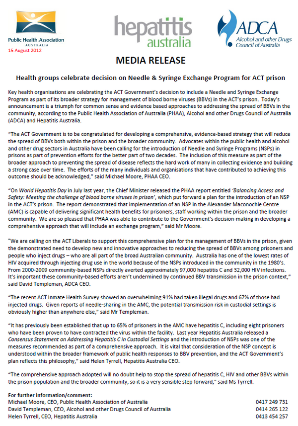 Health groups celebrate decision on Needle & Syringe Exchange Program for ACT prison