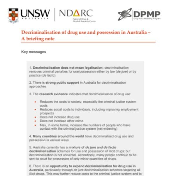 Decriminalisation of drug use a sound and pragmatic public health policy, says National Drug and Alcohol Research Centre 