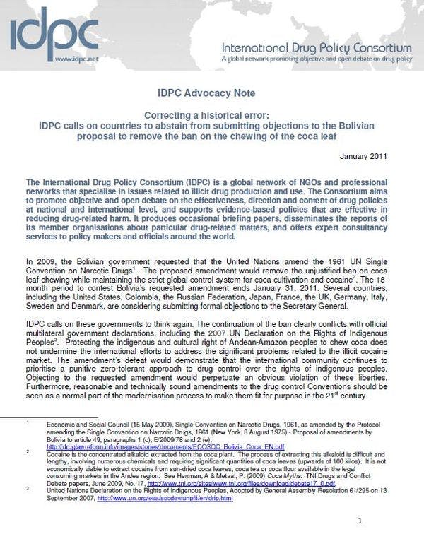 IDPC Advocacy Note - Correcting a historical error: IDPC calls on countries to abstain from submitting objections to the Bolivian proposal to remove the ban on the chewing of the coca leaf