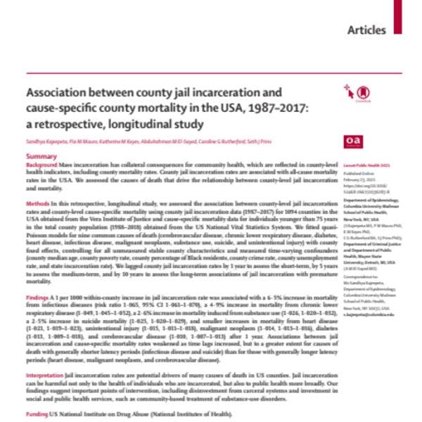 Association between county jail incarceration and cause-specific county mortality in the USA, 1987–2017: A retrospective, longitudinal study