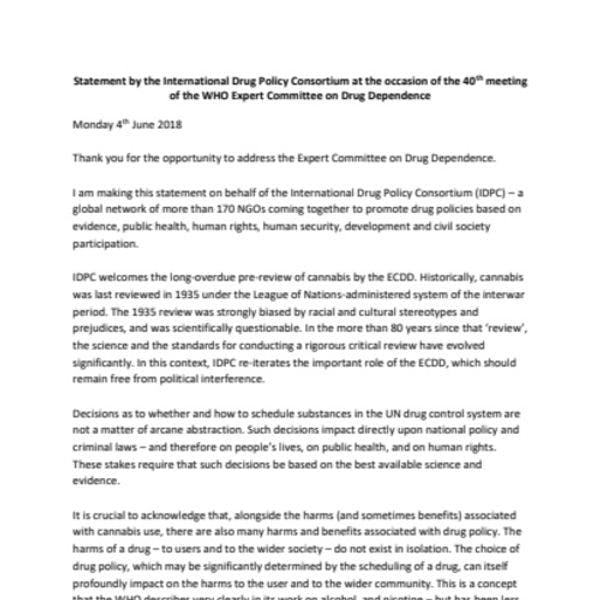 IDPC Statement at the occasion of the 40th meeting of the WHO Expert Committee on Drug Dependence