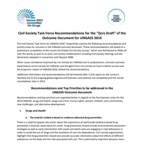 Recommandations du Groupe de travail de la société civile pour la «version zéro» du document sur les résultats de l'UNGASS 2016
