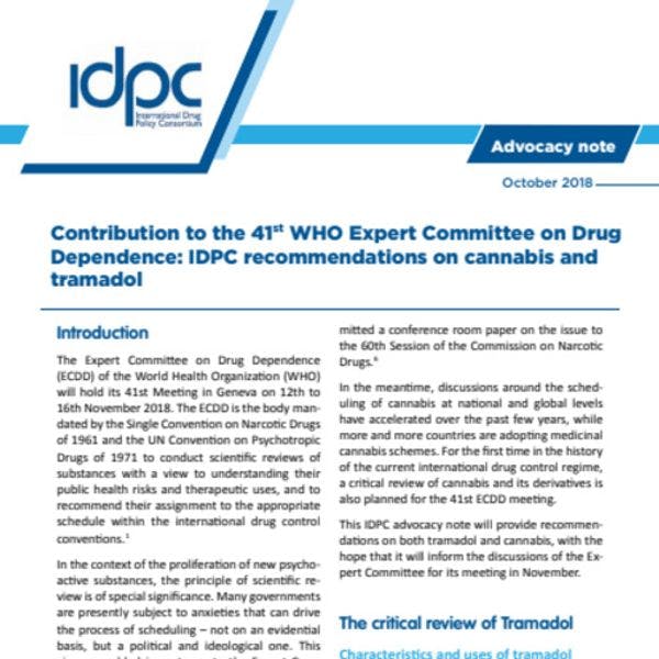 Contribución al 41º Comité de Expertos en Farmacodependencia de la OMS: Recomendaciones del IDPC sobre el cannabis y el tramadol
