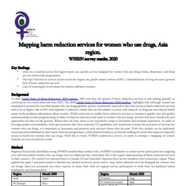 Mapping harm reduction services for women who use drugs: Asia region