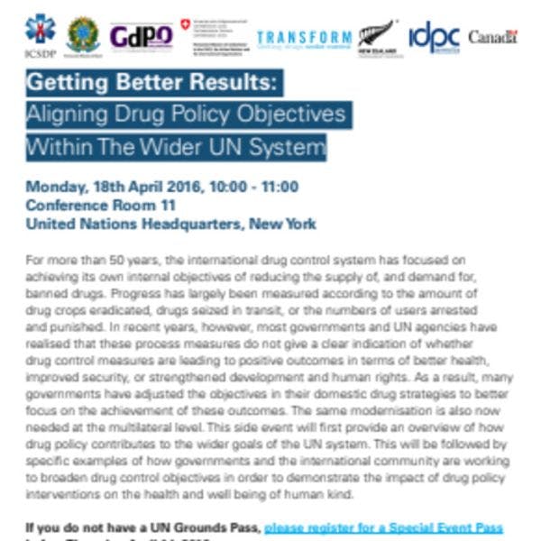UNGASS event - Getting better results: Aligning drug policy objectives within the wider UN system