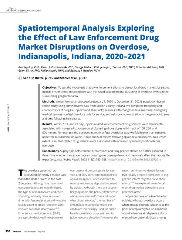 Spatiotemporal analysis exploring the effect of law enforcement drug market disruptions on overdose, Indianapolis, Indiana, 2020–2021