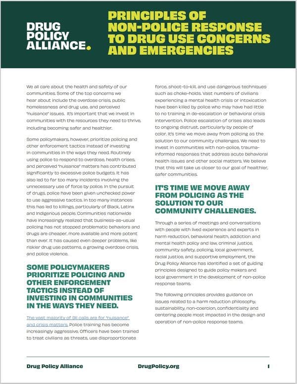 Principles of non-police response to drug use concerns and emergencies