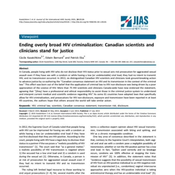 Ending overly broad HIV criminalisation: Canadian scientists and clinicians stand for justice