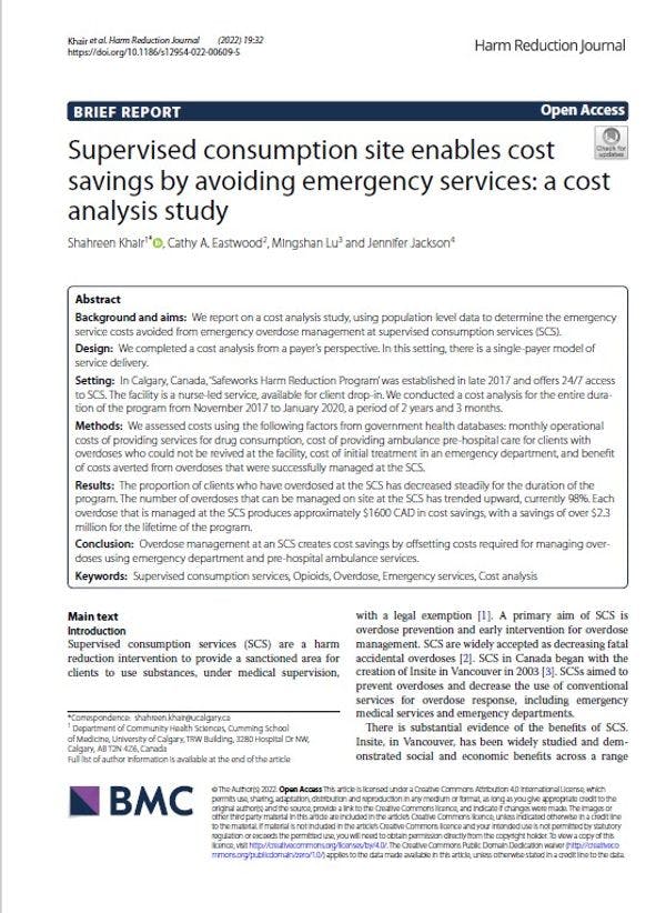 Les sites de consommation supervisée permettent de réaliser des économies en évitant les services d'urgence : Une étude d'analyse des coûts au Canada