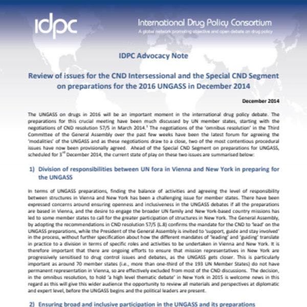 Note de plaidoyer de l'IDPC - Revue des questions liées à la réunion intersession de la CND et aux débats sur les préparatifs pour l'UNGASS 2016 en Décembre 2014